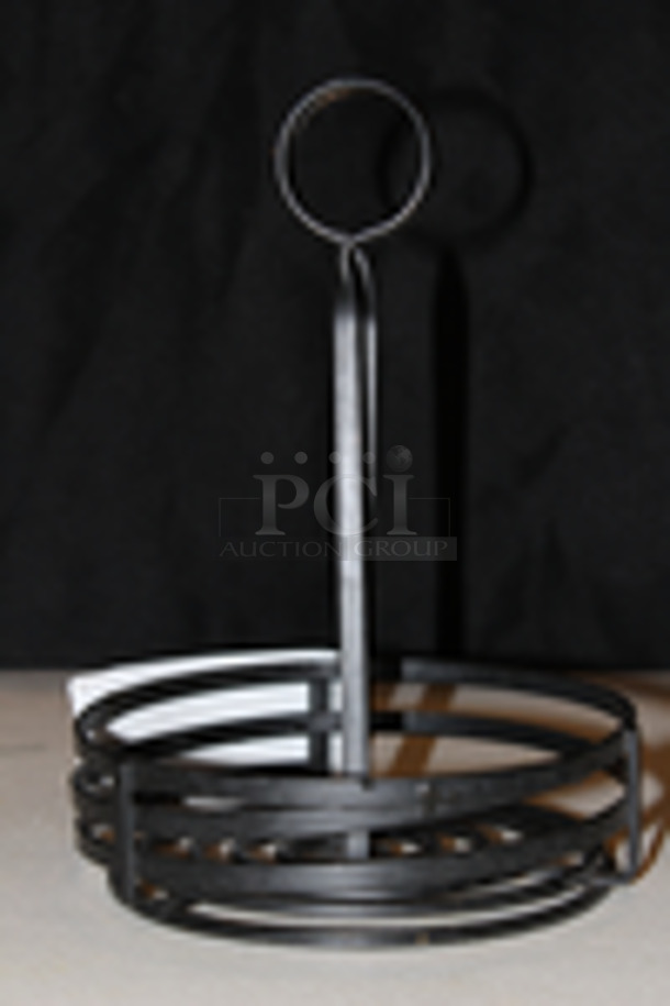 American Metalcraft FWC69 Black Flat Coil Round Wrought Iron Condiment Caddy with Card Holder - 6