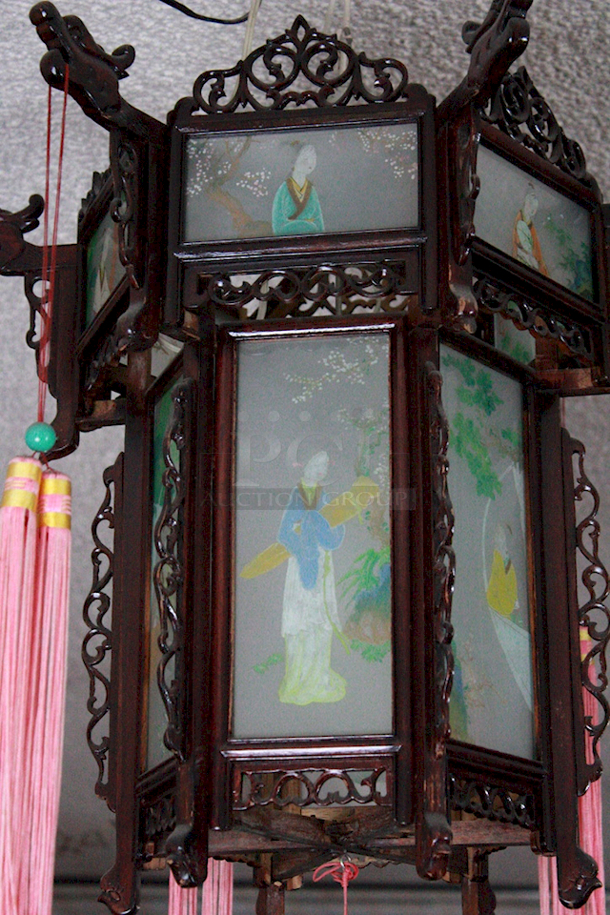 VINTAGE! Classical Chinese Hanging Lanterns With Ornate Carvings & Designs, With Light Fixture. - Image 2 of 6