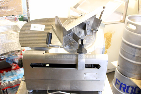AMAZING! Globe 3850 Electric Food Slicer - Heavy Duty Stainless Steel, Two Speed Automatic, 13" Blade. Full 45° angle gravity feed
Gear driven motor
Top mounted knife sharpener
120V. 1/2 HP. 23x263/4x25. 166 lbs.