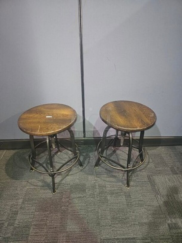 ALL ONE MONEY Set of 2 black metal framed stools with wooden seats. Has scuffs and scratches as shown in pictures but can be cleaned up nicely! Nothing broken. 25”H x 18”W x 18.5” D. - Image 2 of 2