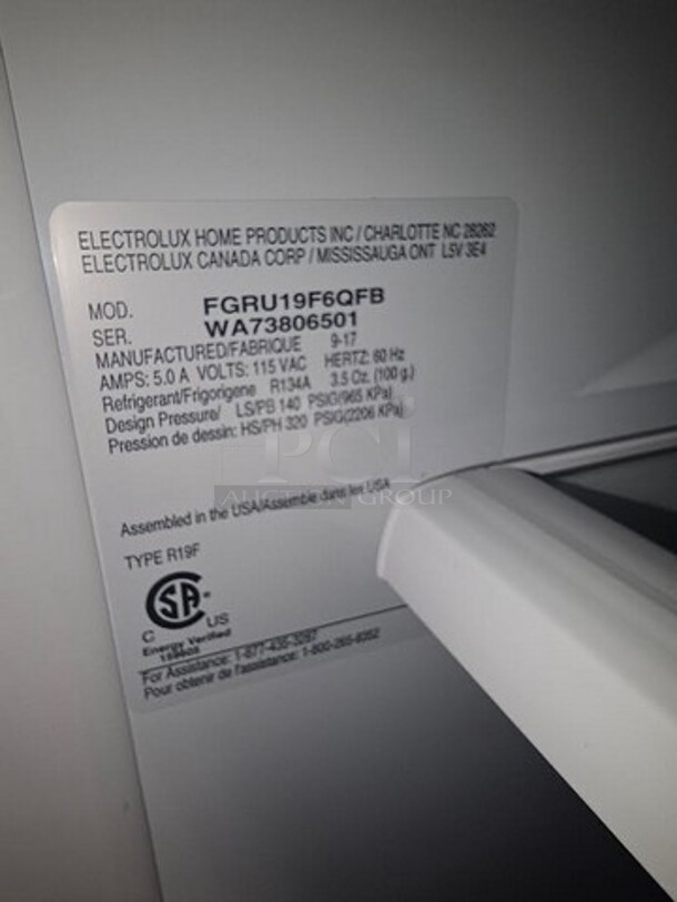  Electrolux Home Products, Inc. Frigidaire Gallery stainless steel refrigerator. In excellent condition, like new. 70" H x 32" W x 27" D. Model number- FGRU19F6QFB 
Serial number- WA73806501 - Image 3 of 3