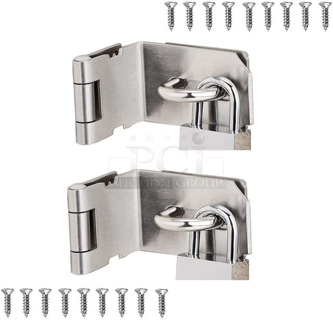 10 BRAND NEW IN BOX! Sets of 2 Stainless Steel 90 Degree 4" Right Angle Padlock Door Hasp / Safety Door Latches / Gate Latches. Brushed Finish. Stock Picture Used as Gallery. 10 Times Your Bid!