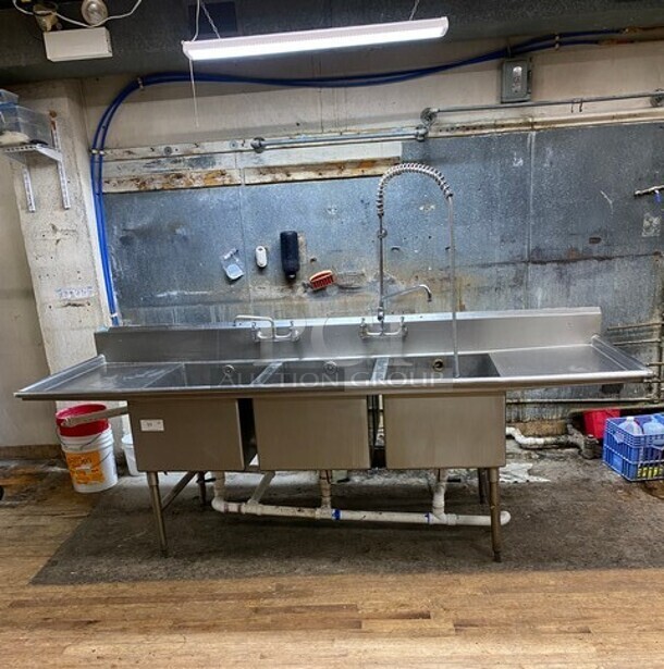Advance Stainless Steel Commercial 3 Compartment Dish Washing Sink! With Dual Side Drain Board! With Faucet And Handles! Each Compartment 24x30 Excellent For Full Size Sheet Pans! - Image 1 of 9