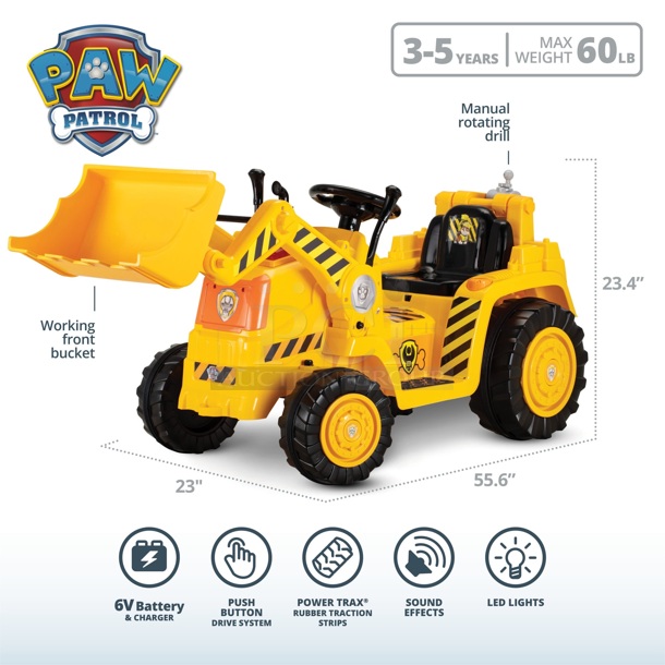 Kid Trax Nickelodeon’s PAW Patrol: Rubble’s Digger, 6-Volt Ride-On Toy, ages 3 – 5, yellow.
22.99 x 55.61 x 23.38 - Image 7 of 8