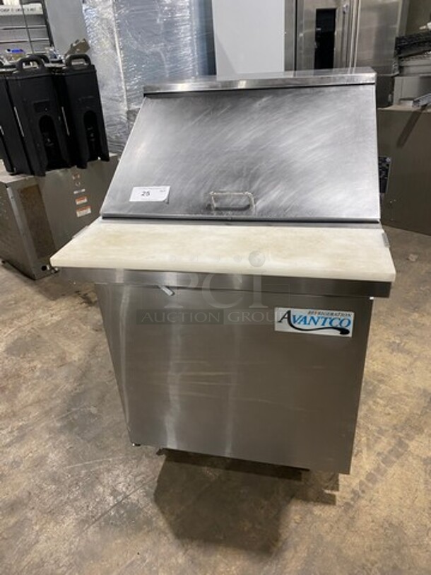 Avantco Commercial Mega Top Refrigerated Sandwich Prep Table! With Commercial Cutting Board! Single Door Storage Space Underneath! All Stainless Steel! On Casters! Model: 178SSPT27MHC SN: 6121420118051008 115V
