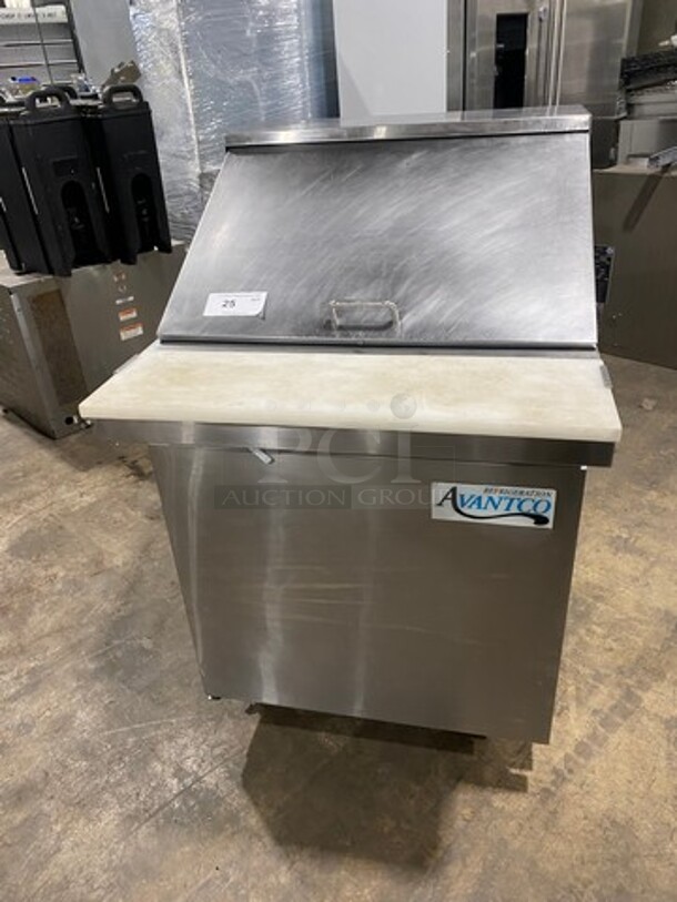 Avantco Commercial Mega Top Refrigerated Sandwich Prep Table! With Commercial Cutting Board! Single Door Storage Space Underneath! All Stainless Steel! On Casters! Model: 178SSPT27MHC SN: 6121420118051008 115V - Image 1 of 10