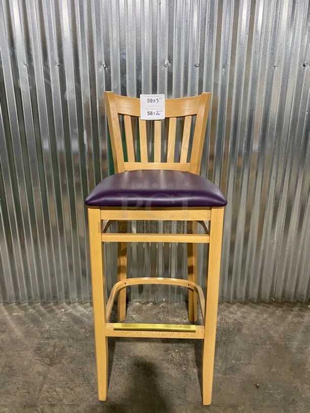 WOW! NEW! Bistro Solid Natural Hardwood Restaurant Bar chair! With Purple Vinyl Seat! 3x Your Bid! MODEL JW204