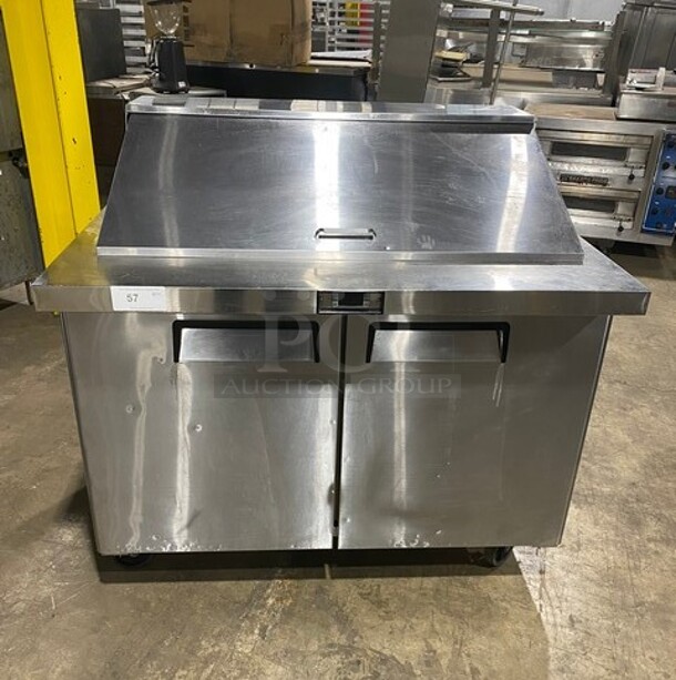 NICE! Bison Commercial Refrigerated Mega Top Sandwich Prep Table! With 2 Door Storage Space Underneath! With Poly Coated Racks! All Stainless Steel! On Casters! Model: BST4818 SN: BST481800320102500K80011 115V 1PH