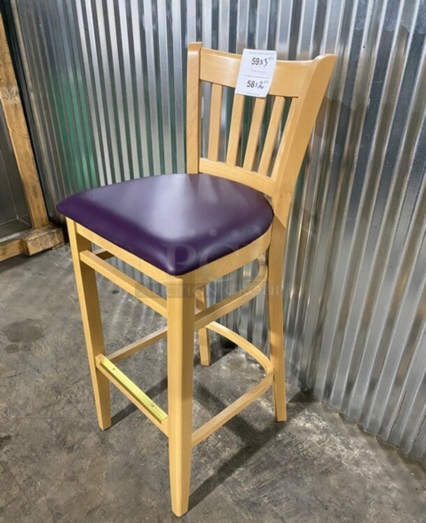 WOW! NEW! Bistro Solid Natural Hardwood Restaurant Bar chair! With Purple Vinyl Seat! 3x Your Bid! MODEL JW204 - Image 2 of 8