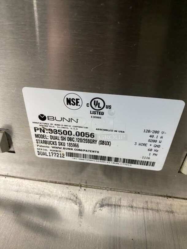 Bunn Dual  Stainless Steel Commercial Countertop Double Coffee Machine w/ Hot Water Dispenser, And 2 Metal Brew Baskets. MODEL DUAL SH DBC SN:DUAL177212 120/208 Volts, 1 Phase. - Image 10 of 12