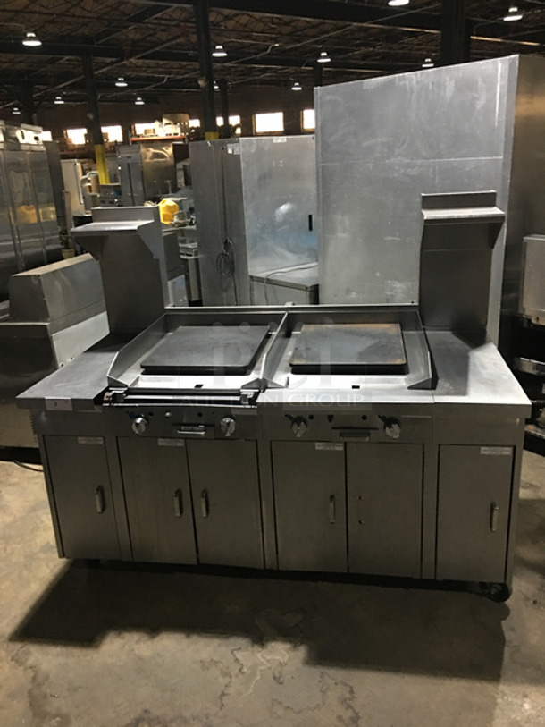 AMAZING! Southbend Commercial Heavy Duty Natural Gas Powered Double Plancha Workstation! With Dual Sided Work Ends! With Dual Sided Back Splash And Salamander Shelves! With Storage Space Underneath! All Stainless Steel! On Casters! Model: PC12CS SN: 16K51295