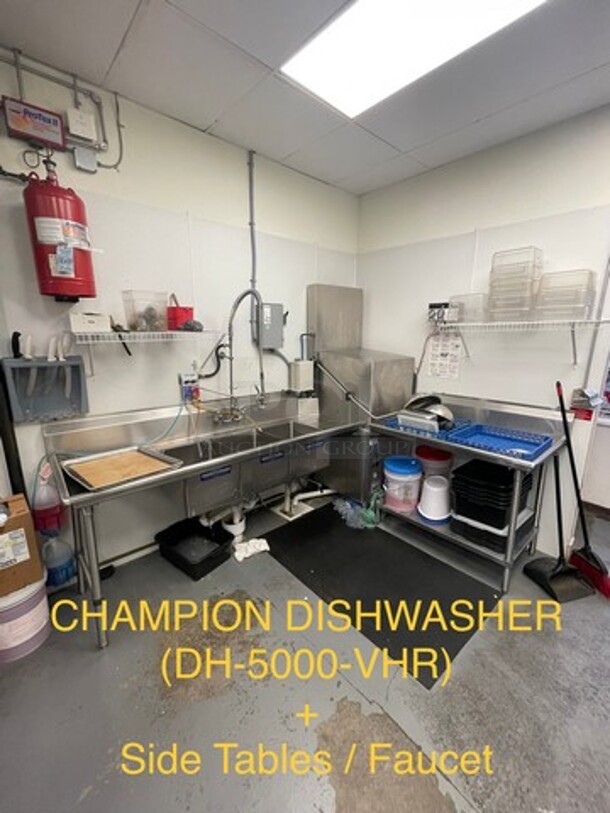 SWEET! LATE MODEL! 2018 Champion Commercial Corner Style Pass-Through Dishwasher Machine! With Right Side Dishwasher Table! With Back And One Side Splash! With 3 Bay Dish Washing Sink! With Back Splash! With Jet Spray, Faucet And Handles! All Stainless Steel! All On Legs! WORKING WHEN REMOVED! Model: DH5000 SN: D180715919 208/240V 60HZ 3 Phase - Item #1046747