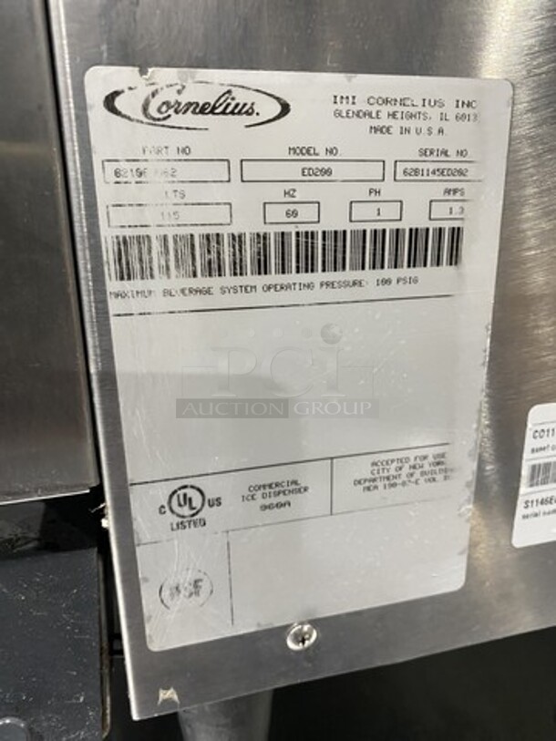 Cornelius 8 Spout Beverage Dispensing Center With Ice Bin! On All Stainless Steel Heavy Duty Beverage Counter With Underneath Storage! Model ED200 Serial 62B1145ED202! 115V 1 Phase!  - Image 7 of 8