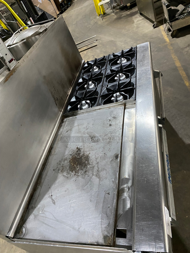 Sweet! Imperial Commercial Natural Gas Powered 6 Burner Stove With Left Side Flat Top Griddle! 2 Full Size Ovens Underneath! With Metal Oven Racks! Left Side Splash And Raised Back Splash!  All Stainless Steel! On Casters! - Image 5 of 11
