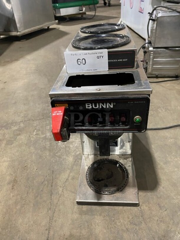 Bunn Commercial Countertop Single Coffee Brewer Machine! With 3 Coffee Pot Warmers! With Hot Water Line! Stainless Steel Body! Model: CWTF15 SN: CWTF327131 120V 60HZ 1 Phase