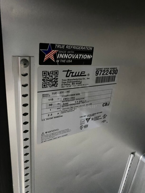 Amazing! All Stainless Steel True Freezer!1 Door Lowboy/worktop Cooler! Model TU-27F-HC Serial 972243 - Image 6 of 7