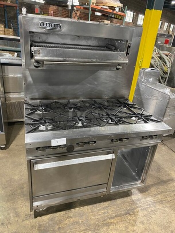 Garland Commercial Gas Powered 8 Burner Stove! With Raised Back Splash And Salamander! With Oven Underneath! All Stainless Steel! On Casters!