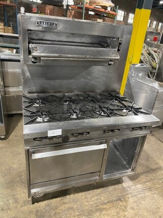 Garland Commercial Gas Powered 8 Burner Stove! With Raised Back Splash And Salamander! With Oven Underneath! All Stainless Steel! On Casters!