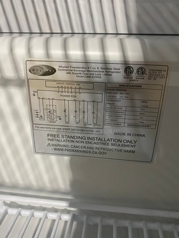 NEW! OUT OF THE BOX! SCRATCH-N-DENT! Whynter Commercial Single Door Reach In Cooler Merchandiser! With View Through Door! With Poly Coated Racks! Model: CBM815WS 115V - Image 9 of 10