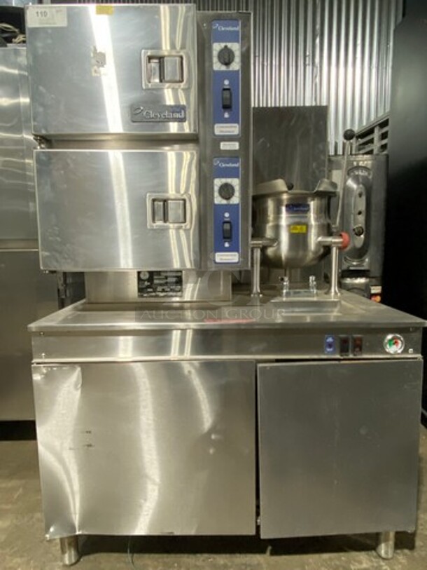 Cleveland Commercial Natural Gas Powered 2 Deck Steam Cabinet! With Cleveland Countertop 6 Quart Tilting Steam Kettle! All Stainless Steel! Model 42CKGM300 Serial WC8346203J01! On Legs! - Image 1 of 5