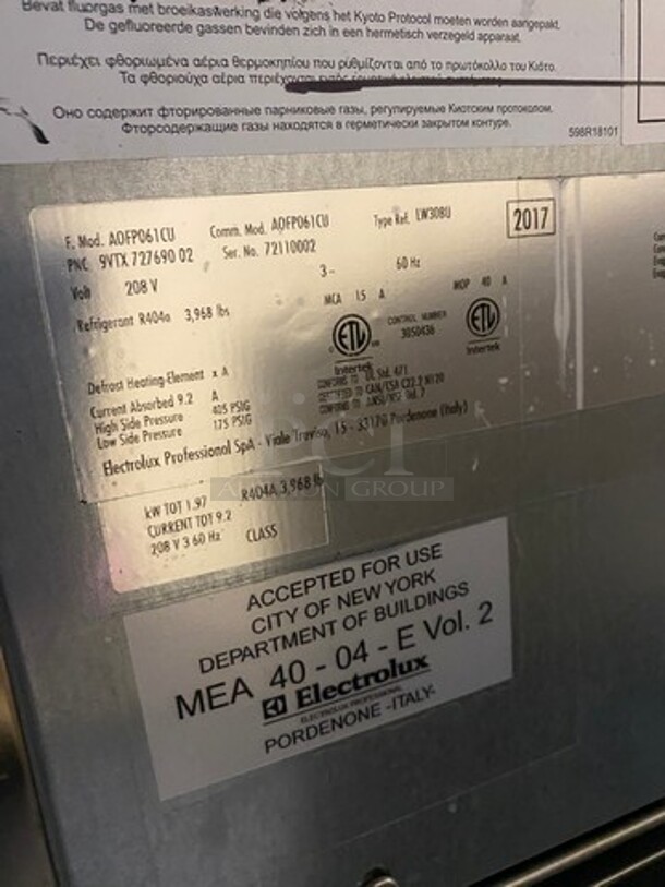 WOW! LATE MODEL! 2017 Electrolux Air-O-Chill Commercial Undercounter/ Countertop Blast Chiller! All Stainless Steel! On Small Legs! Model: A0FP061CU SN: 72110002 208V 60HZ 3 Phase - Image 5 of 8