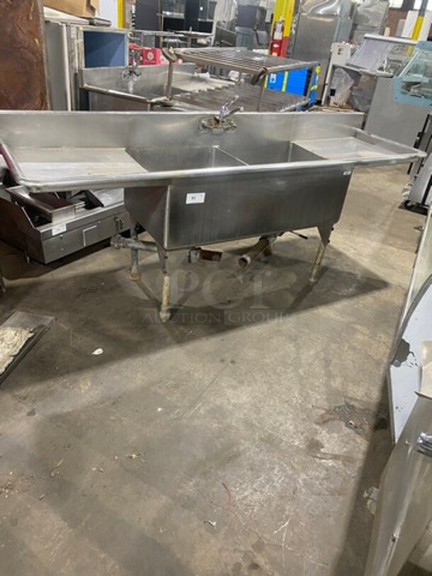 Commercial 2 Compartment Dish Washing Sink! With Dual Side Drain Board! With Back Splash! All Stainless Steel! On Legs! - Image 10 of 10