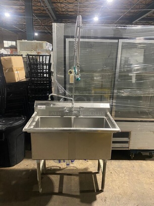 Advance Tabco Solid Stainless Steel Commercial 2 Compartment Dish Washing Sink! With Back Splash! With Jet Assembly Spray! On Legs! - Image 1 of 10