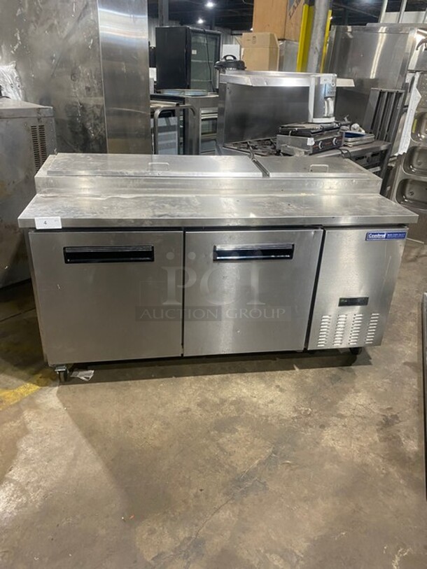 Sweet! LATE MODEL! Central Commercial Refrigerated Pizza Prep Table! With Full Length Removable Cutting Board! With 2 Door Refrigerated Storage Underneath! With Poly Coated Racks! 115V 1 Phase! Model: 69K014 SN: 8060492! On Commercial Casters! Working When Removed!  - Image 2 of 12