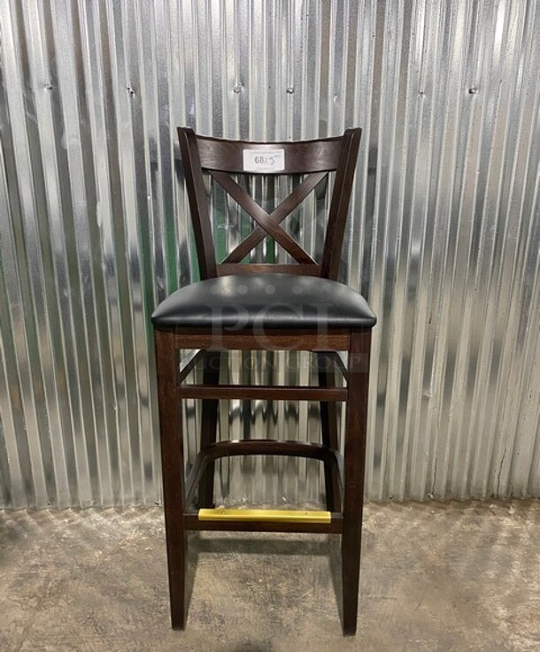 WOW! New! Solid Beech Wood Cross Back Commercial Bar Stool! In Cherry Wood With Black Vinyl Seat! 3x Your Bid!
