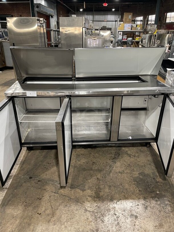 True Mega Top Sandwich/Salad Prep Table! All Stainless Steel! With 3 Door Refrigerated Storage Underneath! With poly Coated Racks! 115V 1 Phase! On Casters! Model: TSSU-72-18 SN: 1-4477571!  - Image 7 of 11