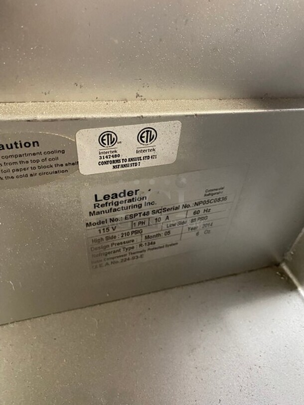 Nice Leader! ALL Stainless Steel Pizza Prep Table! Double Cold Storage! With Marble Cutting Board! On Wheels! 115V! 1 Phase! 60 HZ! Model: ESPT48 Serial: NP05C0836 - Image 9 of 10