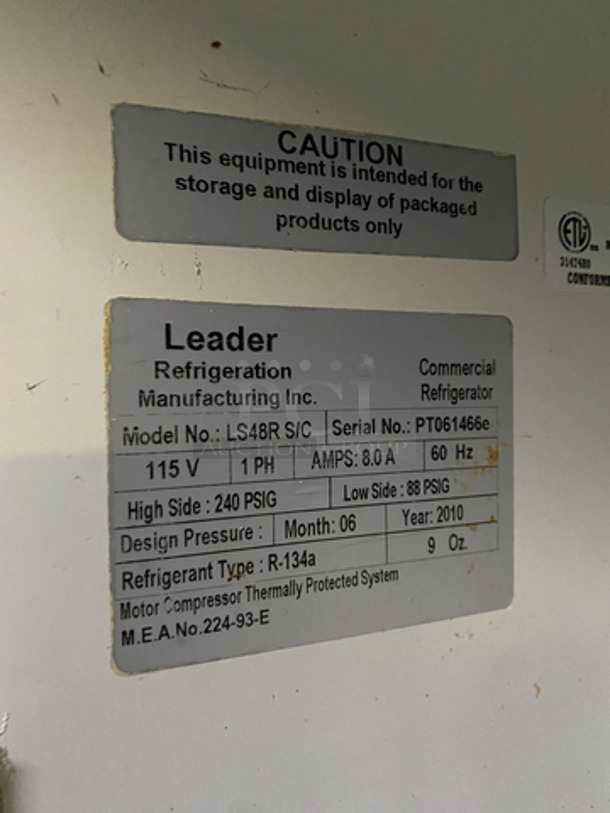 Leader Commercial 2 Door Refrigerator! With Poly Coated Racks! All Stainless Steel! Floor Style! Model: LS48RS/C SN: PT061466e 115V 60HZ 1 Phase - Image 8 of 9