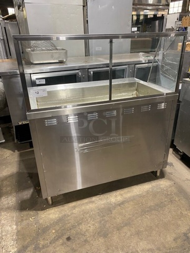 All Stainless Steel Commercial Electric Powered Steam Table! With Sneeze Guard! With Storage Space Underneath! All Stainless Steel! On Legs! Working When Removed!