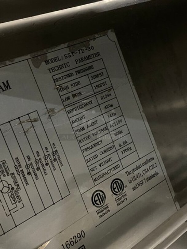 Spartan Commercial Refrigerated Sandwich Prep Table! With 3 Door Storage Space Underneath! Poly Coated Racks! All Stainless Steel! On Casters! Model: SST7230 115V - Image 7 of 8