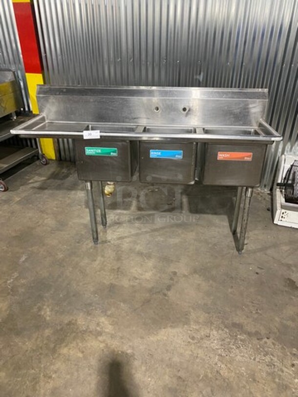 Commercial 3 Compartment Dish Washing Sink! With Single Side Drain Board! With Back Splash! All Stainless Steel! On Legs! - Image 1 of 9