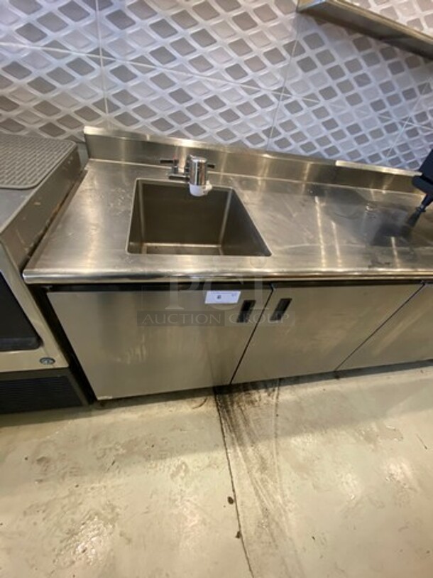 WOW! Custom Made Commercial Work Top/ Prep Table! With Built In Hand Washing Sink! With Back Splash! Faucet And Handles! With Cabinet Storage Space Underneath! Solid Stainless Steel! On Legs! - Image 2 of 8