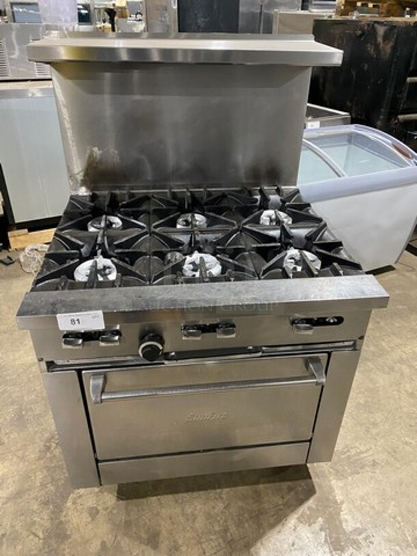 Sunfire Commercial Natural Gas Powered 6 Burner Stove! With Raised Back Splash And Salamander Shelf! With Oven Underneath! All Stainless Steel! On Casters! Working When Removed! 