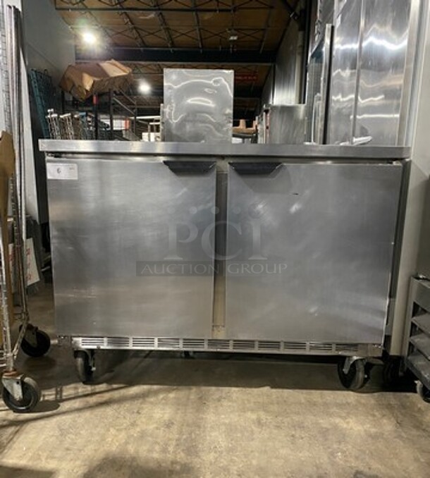 Beverage Air Commercial 2 Door Lowboy Cooler/Worktop Freezer! All Stainless Steel! On Casters! Model: WTF48A SN: 11213516 115V 60HZ 1 Phase