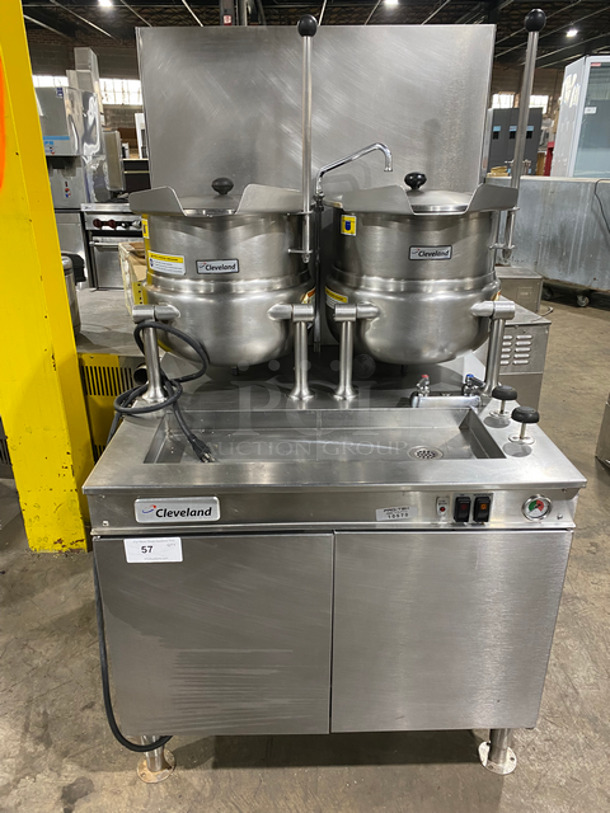 WOW! Cleveland Natural Gas Powered Commercial Double Tilted Kettle Cabinet Assembly! With 2 10 Gallon Kettles! All Stainless Steel! On Legs! Model: 36GMK1010200 SN: 1411230000835 115V 60HZ 1 Phase