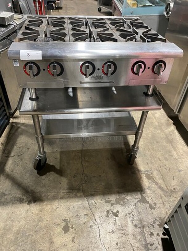 APW Wyott Commercial Countertop Natural Gas Powered 6 Burner Range! On Legs! On Equipment Stand! With Storage Space Underneath! All Stainless Steel! On Casters!