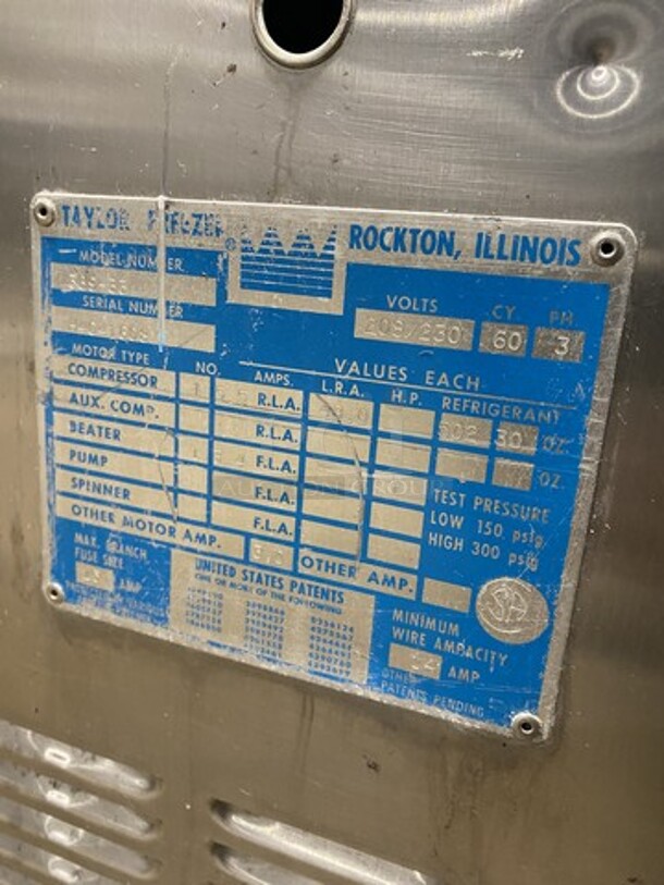 Taylor 3 Handle Ice Cream Machine! Model 339-33 Serial H4041608! 208/230V 3 Phase! On Casters!  - Image 8 of 9