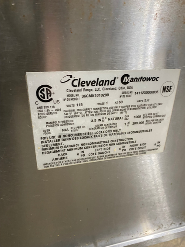 WOW! Cleveland Natural Gas Powered Commercial Double Tilted Kettle Cabinet Assembly! With 2 10 Gallon Kettles! All Stainless Steel! On Legs! Model: 36GMK1010200 SN: 1411230000835 115V 60HZ 1 Phase - Image 9 of 10