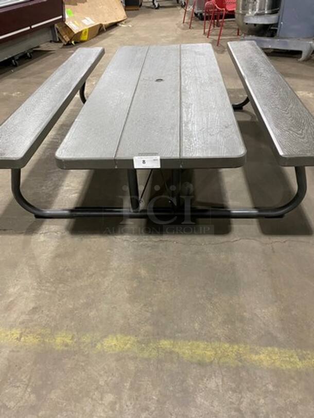 NICE! Lifetime Wooden Pattern Poly Picnic Table! With Dual Side Bench Seats! With Foldable Legs!