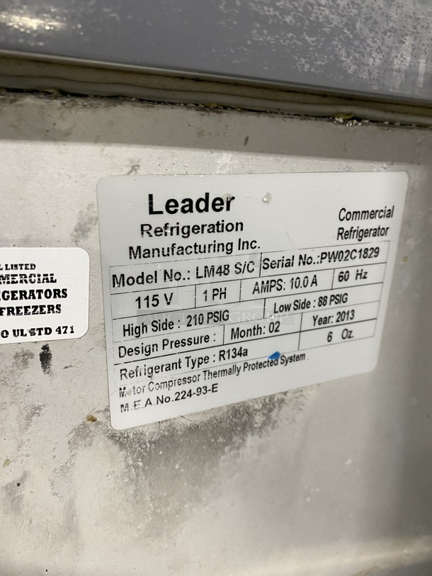 Leader Commercial Refrigerated Sandwich/Salad Prep Table! With Commercial Cutting Board! With 2 Door Underneath Storage Space! All Stainless Steel! Model: LM48S/C SN:PW02C1829! 115V 1 Phase! On Legs! - Image 7 of 9
