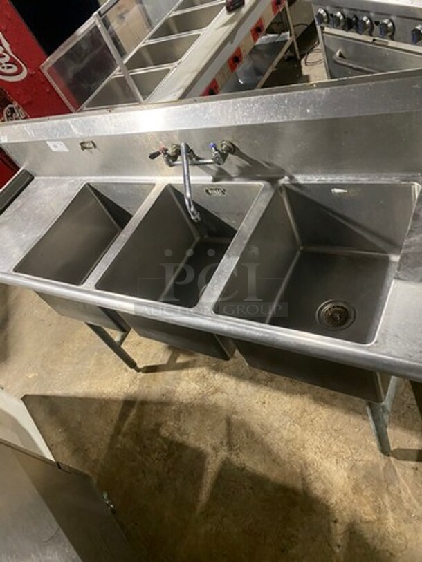 WOW ! SSP All Stainless Steel HEAVY GAGE Commercial 3 Compartment Dish Washing Sink! With Dual Side Drain Board! With Faucet And Handles! With Back Splash! All Stainless Steel! On Legs! - Image 4 of 12