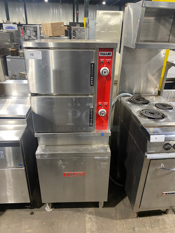 Vulcan Commercial Electric Powered Dual Cabinet Steamer! All Stainless Steel! On Legs! WORKING WHEN REMOVED! Model: VSX24E SN: 271080734 480V 50/60HZ 3 Phase