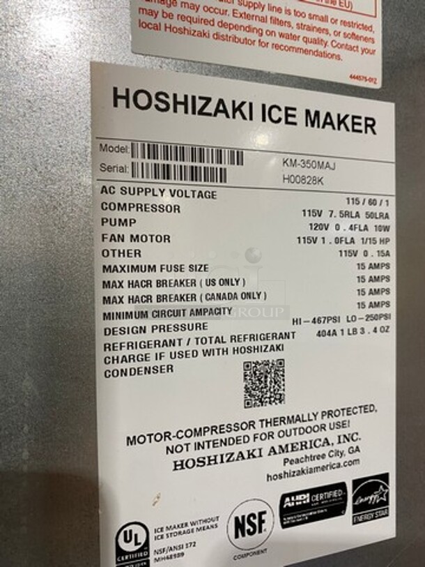 COOL! LATE MODEL! Hoshizaki Commercial Ice Maker Machine! With Commercial Ice Bin! All Stainless Steel! On Legs! 2x Your Bid Makes One Unit! WORKING WHEN REMOVED! Model: KM350MAJ SN: H00828K 115V 60HZ 1 Phase - Image 5 of 9