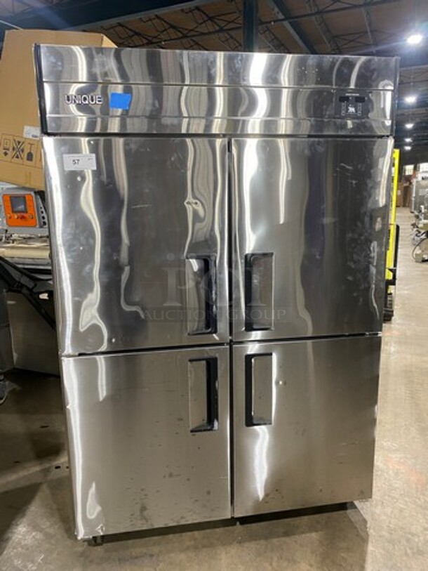 UNIQUE DAESUNG ALL STAINLESS-STEEL Dual Compressor 4 Split Door  Reach In Freezer! Model UDS45FIR!  On Casters! - Image 1 of 7