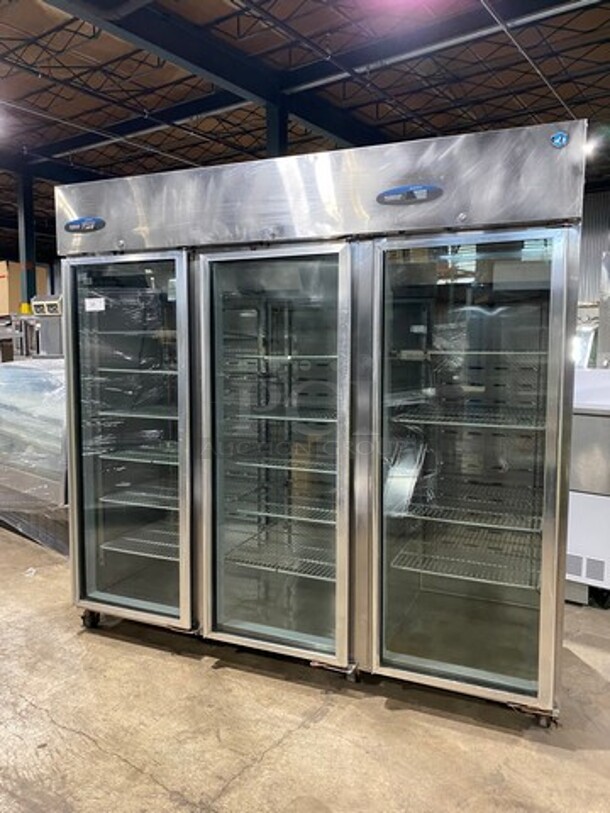 COOL! Hoshizaki Commercial 3 Door Reach In Cooler Merchandiser! With View Through Doors! Poly Coated Racks! All Stainless Steel Body! WORKING WHEN REMOVED! Model: CR3SFGYCR SN: F60047C 115V 60HZ 1 Phase