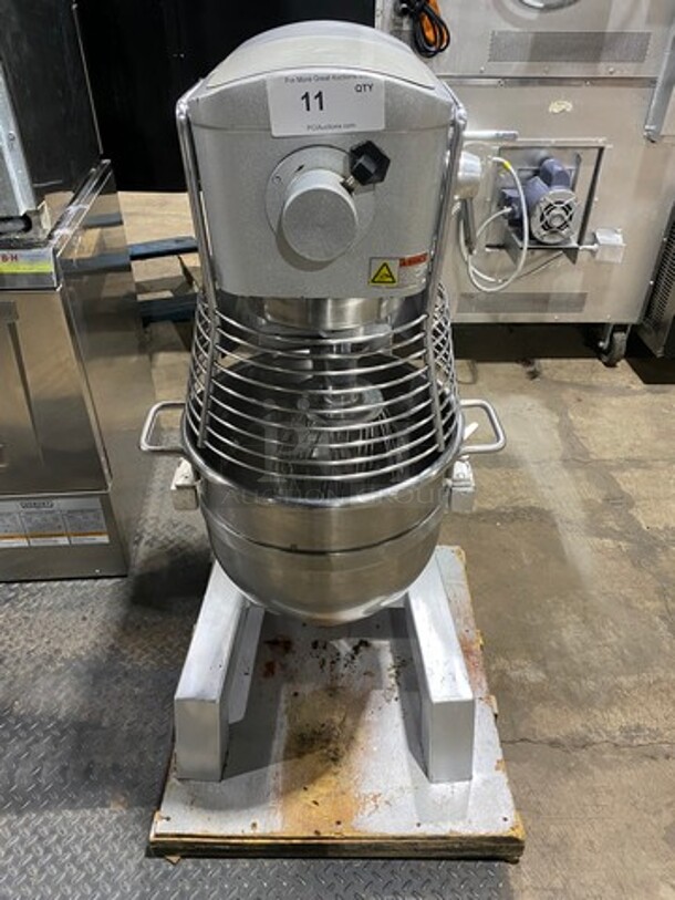 Omcan Commercial 30QT Planetary Mixer! With Mixing Bowl And Guard! With Paddle And Whisk Attachments! Model: SP300A SN: 1410301574 110V 60HZ 1 Phase